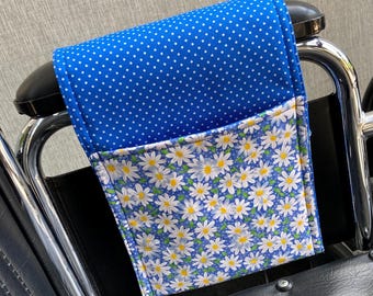 Wheelchair Bag Blue Daisies and Dots Fits Inside Arm and Keeps Necessities Close At Hand!
