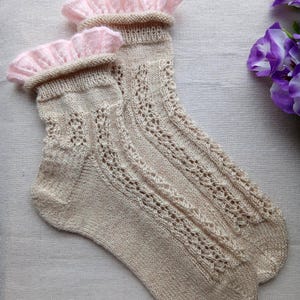 Handmade Wool Socks with Pink Lace Trim - Women&#39;s Knit Winter Socks