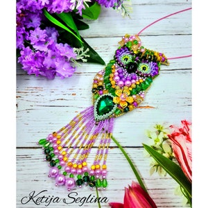 Handmade Bead Embroidered Owl Brooch Pendant