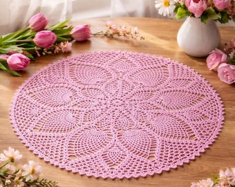Tapete de ganchillo rosa hecho a mano: Centro de mesa de encaje (38 cm)