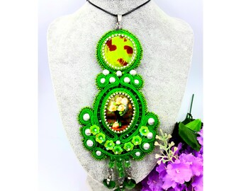 Collana Soutache Soutache Gioielli Soutache ciondolo Ricamato a mano Ciondolo verde Pendente fiore