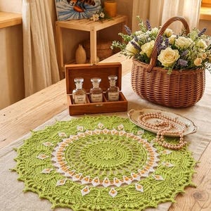 Handmade Crocheted Doily: Green & White Floral Table Centerpiece