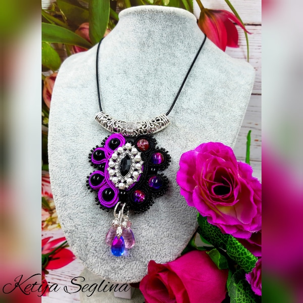 Soutache colgante pequeño negro púrpura collar elegante declaración joyería bordado a mano moderno colgante de moda regalo de aniversario