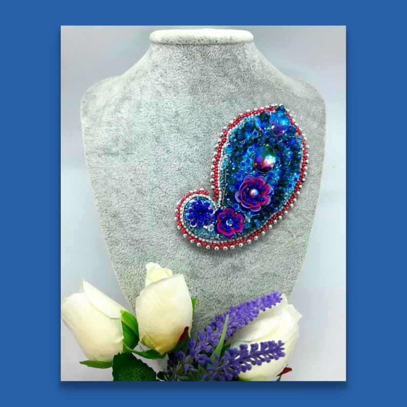 Blue brooch Brooch Paisley Embroidered Bead embroidered