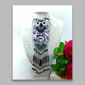 Bead Embroidered Owl Brooch Pendant: Handmade Crystal Jewelry