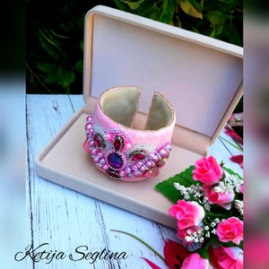 Hand Embroidered Beaded Bracelet: Pink Velvet Statement Jewelry