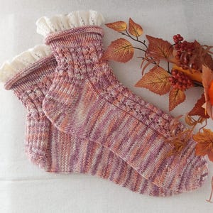 Handmade Wool Socks with White Lace Trim - Women&#39;s Knit Winter Socks