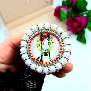 Brooch ,Round brooch , Embroidered ,  Bead embroidered brooch  Horse brooch