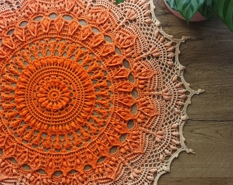 Textured Doily 3D Centrepiece Orange Crocheted Doily Handmade Round Table Cloth Cover Rustic Decoration Lace Doily Housewarming Gift