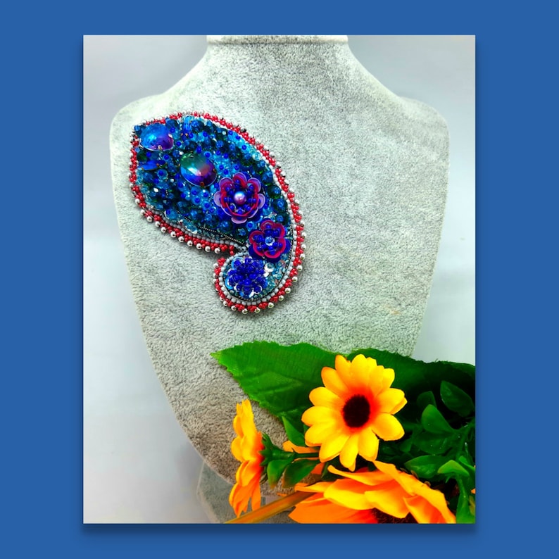 Blue brooch Brooch Paisley Embroidered Bead embroidered