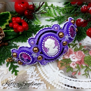 Soutache Bracelet Wide Elegant Cameo Statement Gold Purple Floral Jewelry Hand Embroidered Modern Trendy Summer Bracelet Anniversary Gift