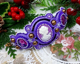 Soutache Bracelet Wide Elegant Cameo Statement Gold Purple Floral Jewelry Hand Embroidered Modern Trendy Summer Bracelet Anniversary Gift