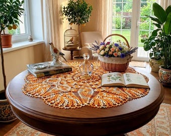 Handmade Crocheted Lace Doily: Yellow Table Decoration (25.2 inches)