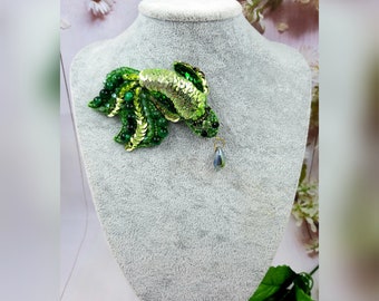 Green Fish Brooch Handmade Embroidered  Large Dress Pin Unique Statement Beaded Green Art Decor Jewelry Nature Lover Zodiac Sign Fish