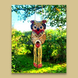Brooch Pendant , Owl Brooch , Embroidered ,  Bead embroidered Brown Owl