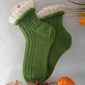 Handmade Wool Socks with White Lace Trim - Women&#39;s Knit Winter Socks