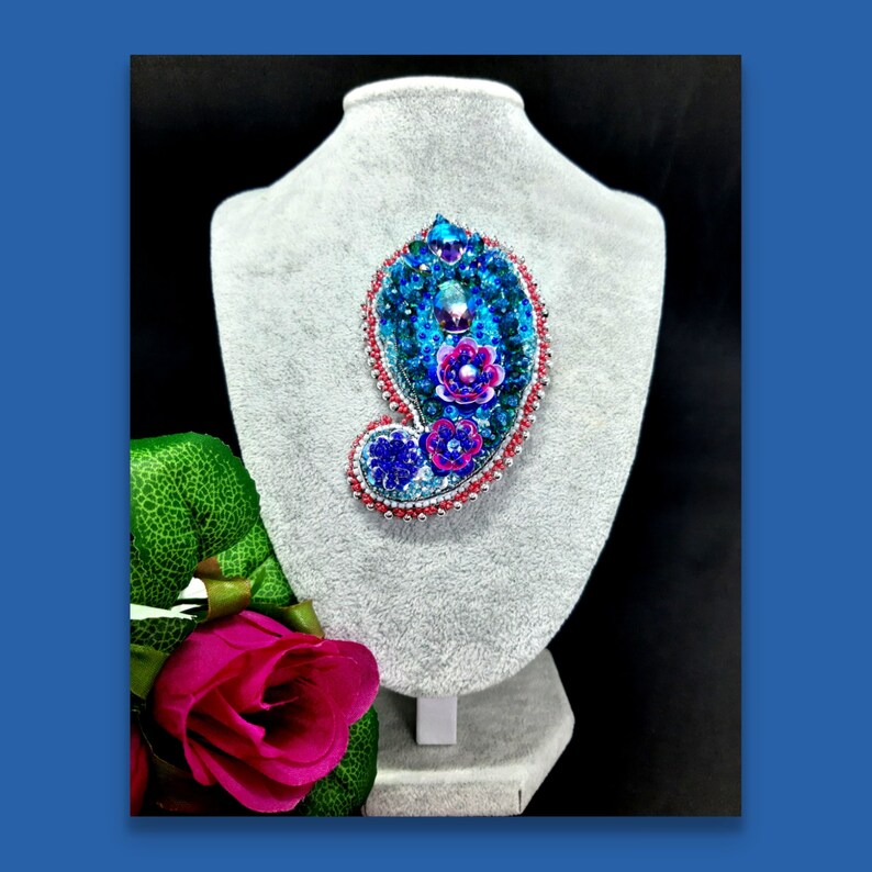 Blue brooch Brooch Paisley Embroidered Bead embroidered
