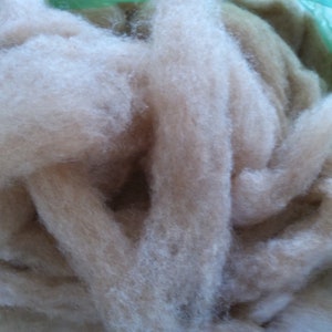 Könnte beinhalten: Nahaufnahme eines Stapels hellbrauner Wollfasern. Die Wolle ist weich und flauschig und scheint natürlich zu sein.