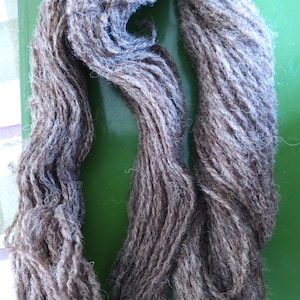 May include: Close-up of two bundles of brown yarn. The yarn has a textured, slightly fuzzy appearance, with variations in color from light to dark brown. The yarn is likely used for knitting or other fiber crafts.