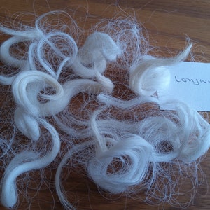 May include: A close-up of a pile of white longwool fiber. The fiber is soft and fluffy, and it is arranged in a loose, tangled heap. A white card with the word "Longwool" written in black ink is visible in the background.