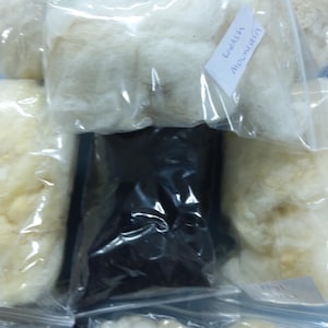 May include: A collection of white, black, and cream colored wool fibers in clear plastic bags. The bags are labeled with the text "Icelandic Mohair".