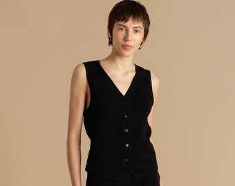 Classic Tailoring Women's Suit Vest In Black| Designer Formal Button Down Waistcoat | Merino Sleeveless Top