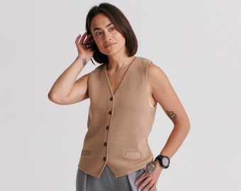 Business Casual Merino Vest In Beige | Classic Tailoring Designer Waistcoat | Formal Women's Suit Vest