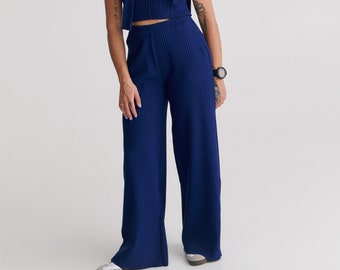 Comfy Wide Leg Pants In Navy Blue | Adjustable Waist Pregnancy Trousers | Rib Knit Designer Bottoms
