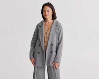 Pinstripe Merino Blazer | Double Breasted Blazer Grey | Knitted Women's Suit Jacket | Spring Clothing
