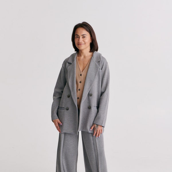 Pinstripe Merino Blazer | Double Breasted Blazer Grey | Knitted Women's Suit Jacket | Spring Clothing