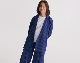 Pinstripe Luxury Merino Formal Suit | Designer Power Suit In Navy Blue | | Wide Leg Palazzos/Double Breasted Blazer Jacket Co-ord