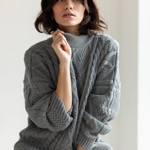 Luxury Merino Cable Knit Jumper Soft Wool Chunky Knit Pullover Loose Grandpa Sweater image 1