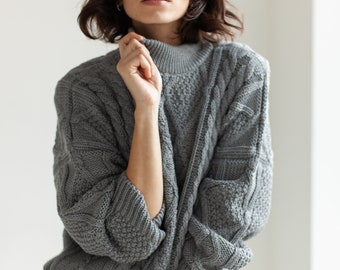 Luxury Merino Cable Knit Jumper | Soft Wool Chunky Knit Pullover | Loose Grandpa Sweater