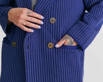 Double Breasted Merino Blazer | Oversized Power Suit Jacket Navy Blue | Designer Pinstripe Spring Jacket