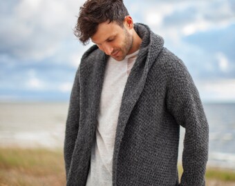 Men's Baby Alpaca Cardigan in Gray, Handmade Merino Wool Men's Sweater, Husband Gift