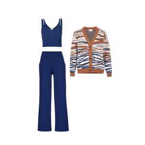 Designer Co-ord Set Three Piece Matching Set Palazzo Pants, Crop Top, Cardigan Suit Navy