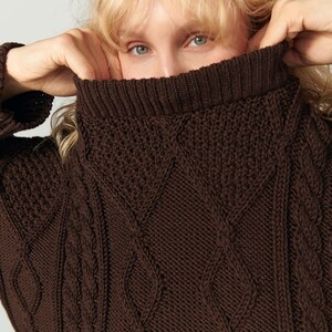 Luxury Merino Cable Knit Jumper Soft Wool Chunky Knit Pullover Loose Grandpa Sweater Chocolate