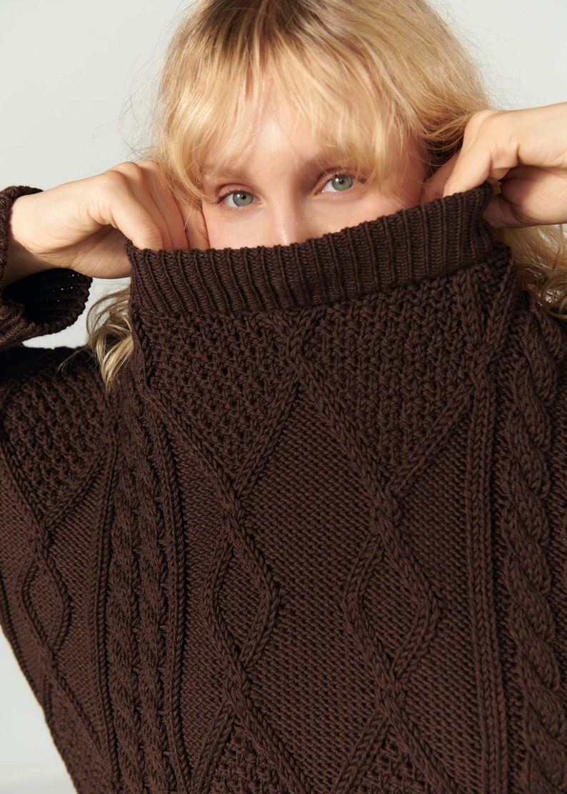 Luxury Merino Cable Knit Jumper Soft Wool Chunky Knit Pullover Loose Grandpa Sweater Chocolate