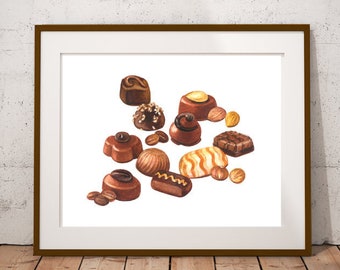 Candy Chocolate Art Watercolor Painting Food Illustration Bar Party Decor Original Print Wedding Sweets Pastry Shop Interior Confectionery