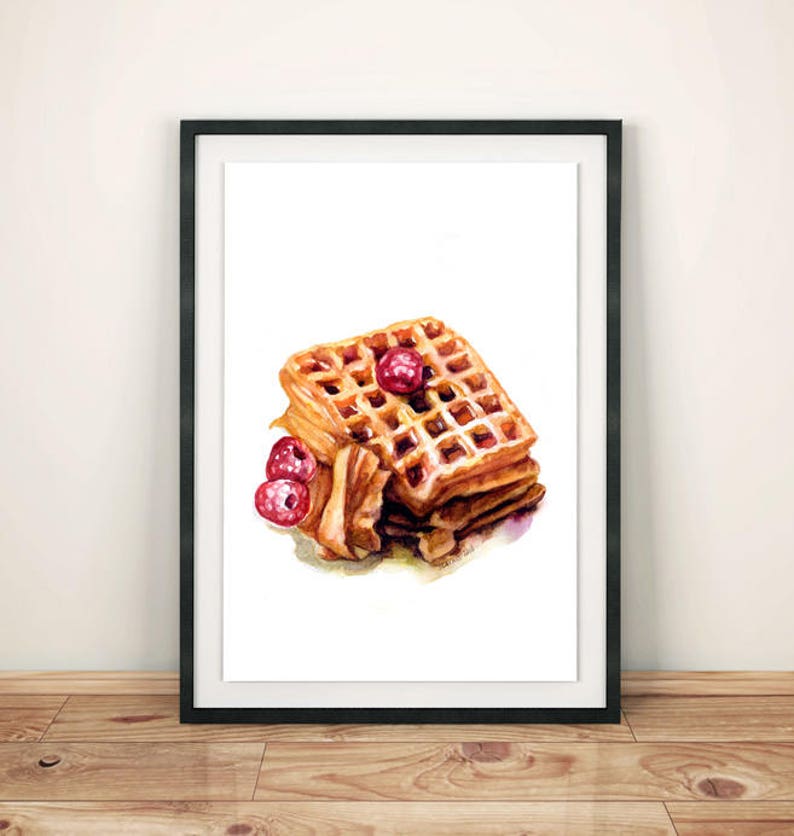 Belgian Waffles Raspberry Dessert Breakfast Watercolor
