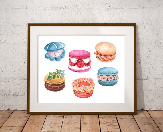 Macarons Mix 2 Food Print Parisian Style French Dessert Watercolor Drawing Illustration Home Gift Ideas Kitchen Decor Patisserie Wall Art