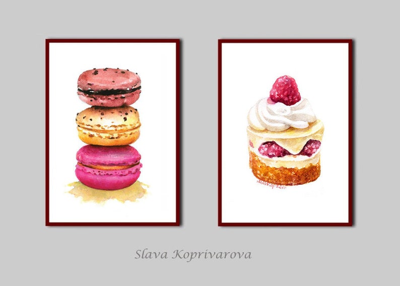 Raspberry Mini Cake Cream Dessert Cheesecake Art Print Food Illustration Watercolor Painting Party Decor Home Wall Ideas Pastry Shop Gift