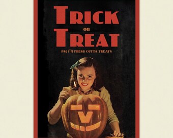 Vintage Halloween-kunstdruk: Goth Pumpkin Girl - Limited Edition