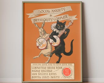 Anxiety Print, Inferiority Complex Funny Vintage Mental Health Art Poster for Social Anxiety
