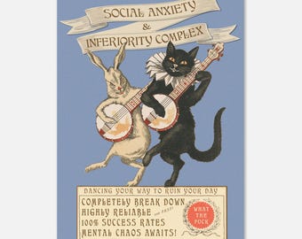 Social Anxiety Cat and Rabbit Poster | Vintage Gothic Meme | Inferiority Complex Animal Print