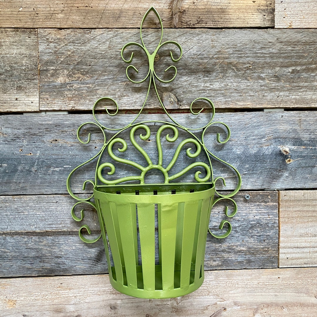 Metal Wall Hanging Basket Planter Upcycled Green Indoor/outdoor 18 Etsy