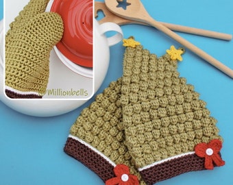 Christmas Tree Oven Mitts Crochet Pattern PDF Kitchen Decor Potholders Xmas Festive Holidays