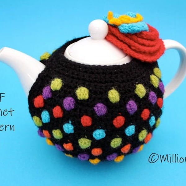 Tea Cosy Polka Dots Crochet PATTERN PDF Flower Butterfly Teacosy