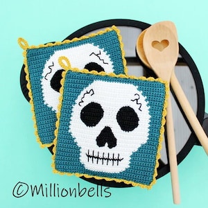 Skull Potholders PDF CROCHET PATTERN Kitchen Decor Halloween Creepy Skeleton Hot Pad Tapestry