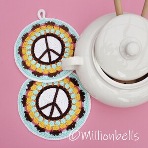 Peace Sign Potholders PDF CROCHET PATTERN Kitchen Home Decor Hot Pad Trivet Boho Vintage Style